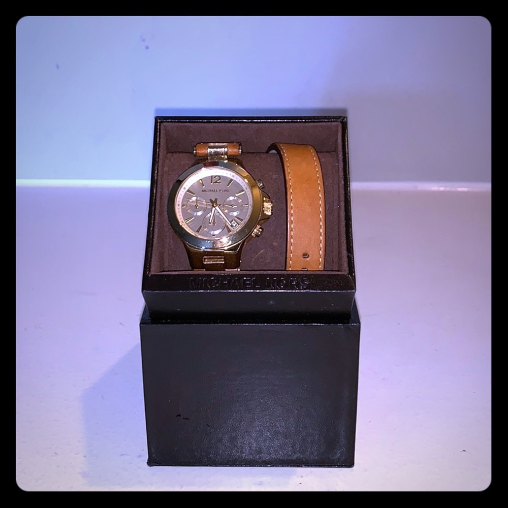 MK cognac leather chronograph double wrap watch